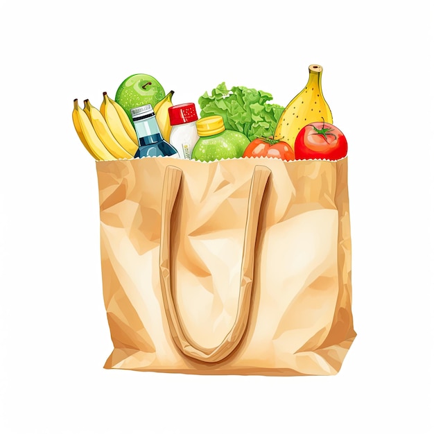 Photo un sac en papier avec des fruits et des légumes et une banane dessus