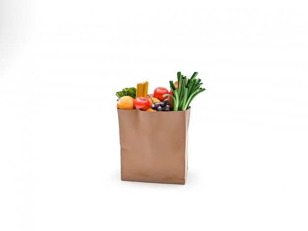 Sac en papier avec fruits et légumes verts