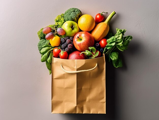 Sac en papier avec fruits et légumes