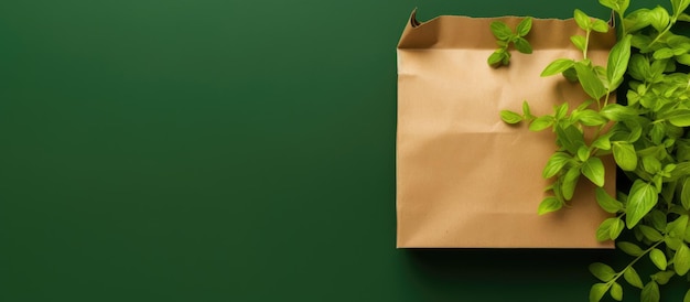 sac en papier kraft recyclé avec des feuilles vertes sur fond vert C'est un emballage durable