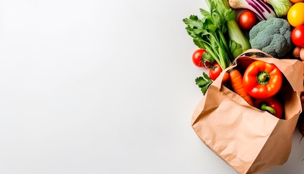 Un sac en papier avec des légumes dessus.