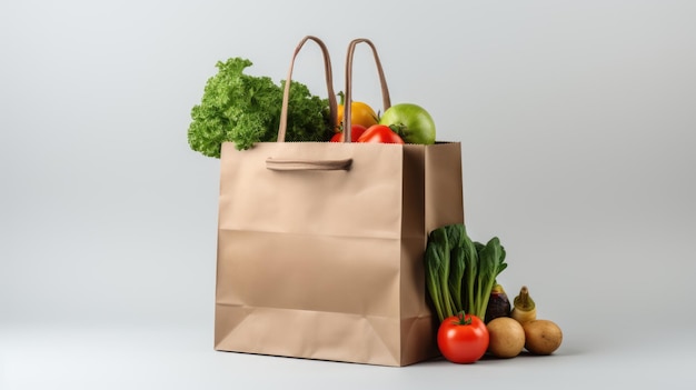 Sac en papier avec des légumes frais sur fond blanc concept zéro déchet