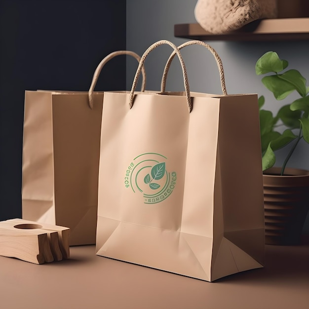 Un sac en papier marron avec un logo vert dessus.