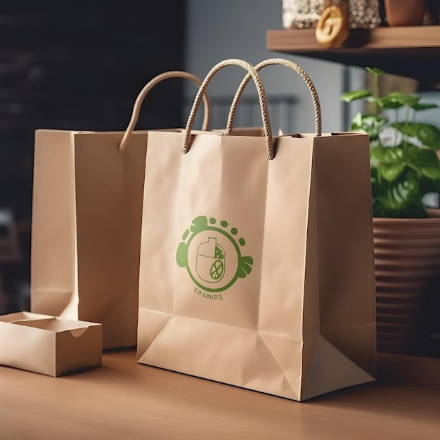 Un sac en papier marron avec un logo vert qui dit "la marque"