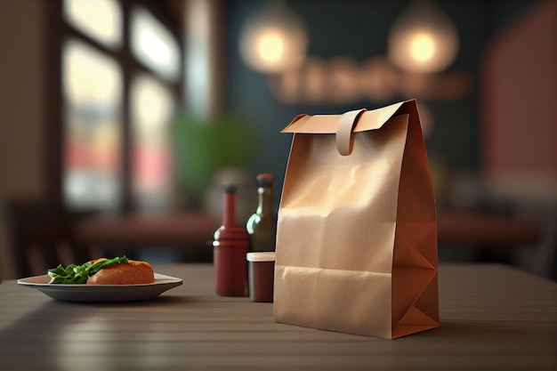 Sac en papier avec de la nourriture dans une station de restaurant en attente de l'IA générative du client