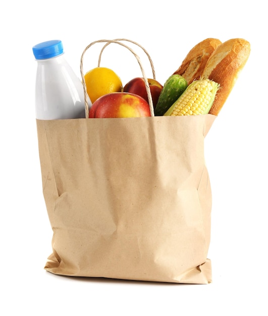 Sac en papier avec de la nourriture isolée sur blanc