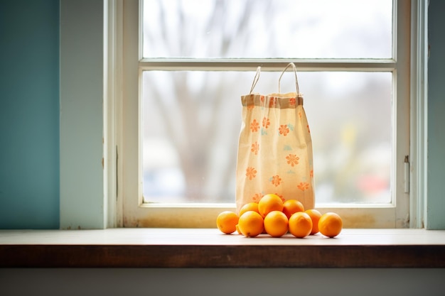 Un sac en papier d'oranges fraîches au seuil de la fenêtre