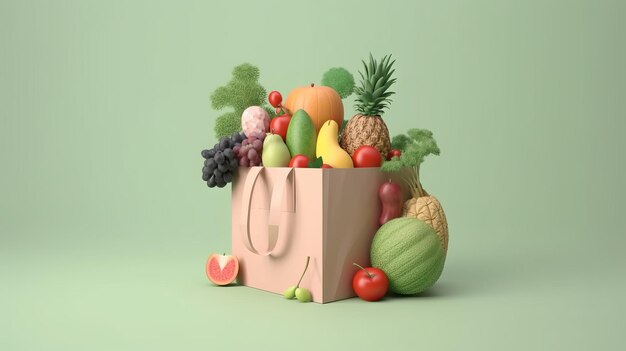 Sac en papier plein d'aliments sains avec des fruits