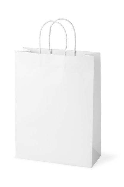 Sac en papier à poignée blanche isolé sur blanc