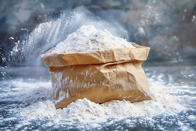 Un sac en papier rempli de farine fraîche est un ingrédient de cuisson essentiel.
