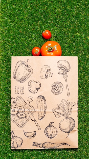 Photo un sac en papier se trouve sur l'herbe verte avec des fruits et légumes autour de la maquette de mousse