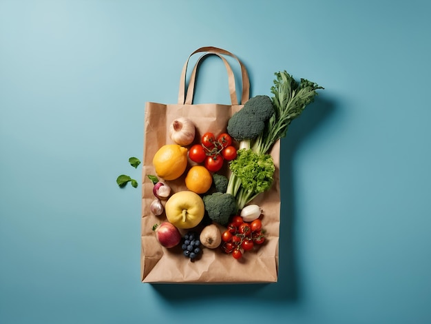 Photo un sac en papier de supermarché rempli d'aliments sains sur un papier transparent