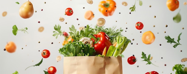 un sac en papier avec un tas de légumes et de fruits et de légumes
