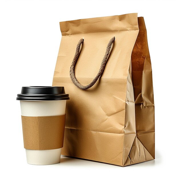 Photo un sac en papier et une tasse de café sont l'un à côté de l'autre