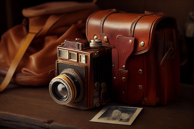 Sac photo à l'ancienne avec lentilles antiques et IA générative en cuir