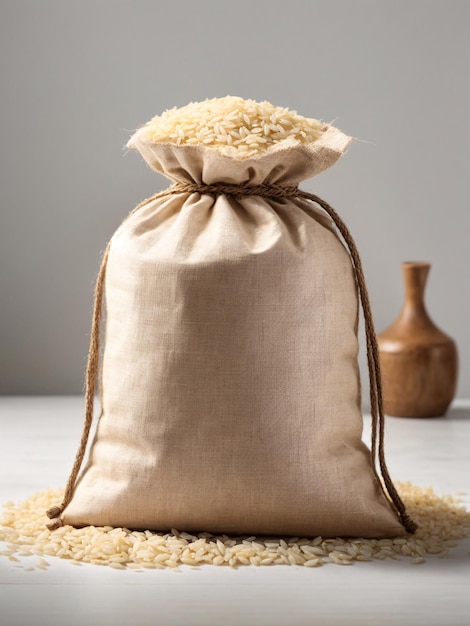 Un sac de photographie de produits de base de riz cru