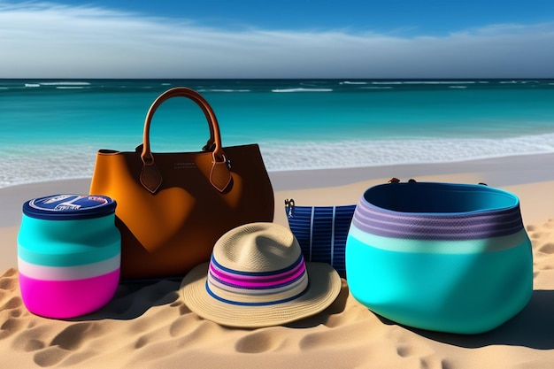 Un sac de plage avec un chapeau dessus et un chapeau dessus