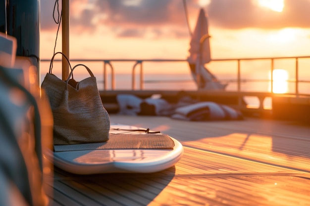 Photo un sac de plage à côté d'une planche à pagaie sur le pont d'un yacht au lever du soleil