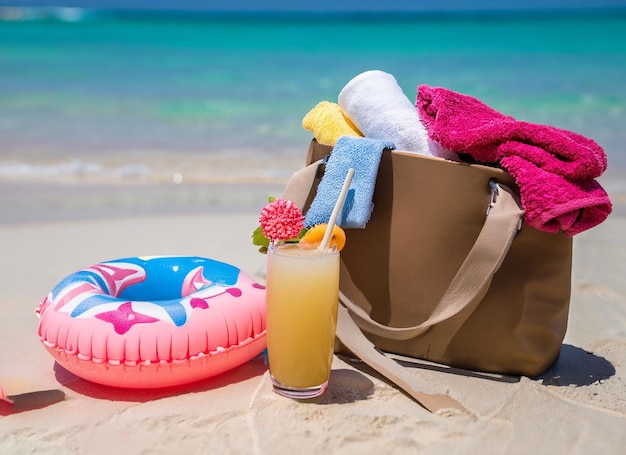 Un sac de plage avec une paille et une boisson à côté