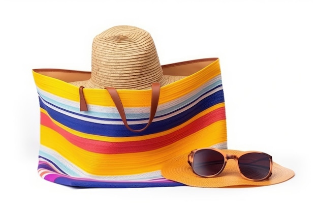 Sac de plage à rayures colorées avec un chapeau de paille