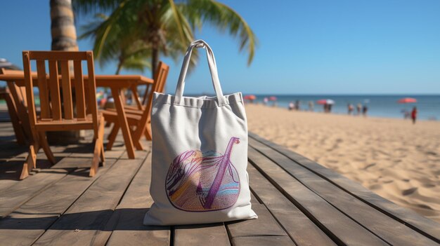 Un sac de plage avec une scène de plage sur le côté.