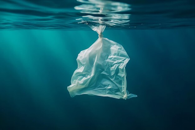 Sac en plastique blanc dans l'océan ou la mer Déchets sous-marins Problèmes de pollution Génératif Ai