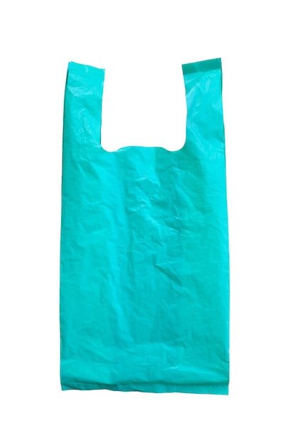 Photo sac en plastique bleu isolé sur fond blanc