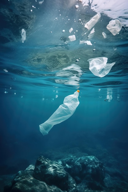 Un sac en plastique flottant dans l'eau avec le mot plastique dessus