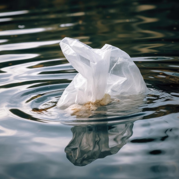 Un sac en plastique flottant dans une mare d'eau avec des ondulations dessus.