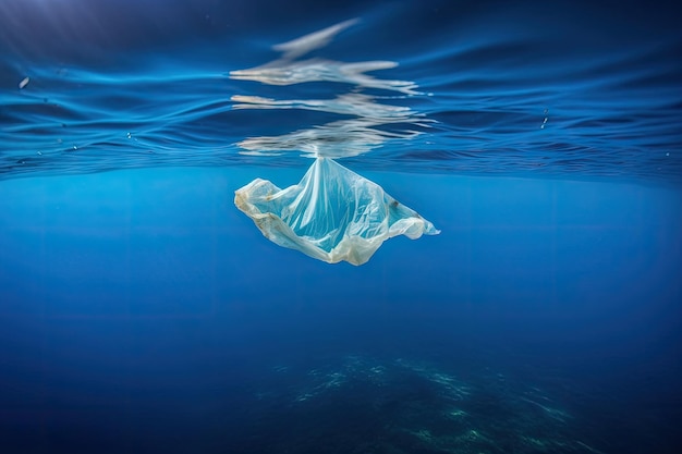 Sac en plastique flottant à la surface de l'océan créé avec une IA générative