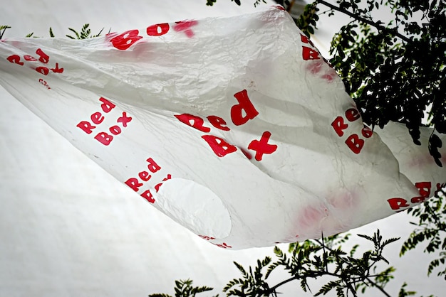 Un sac plastique ramassé par le vent volant dans la rue de la ville coincé dans les branches des arbres