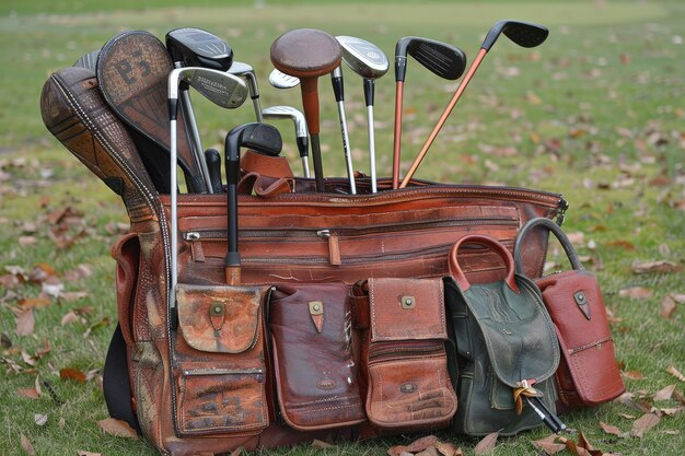 Un sac plein de clubs de golf assis dans l'herbe