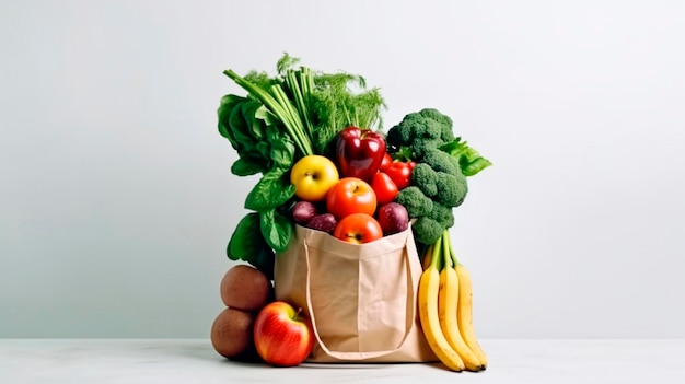 Sac plein de légumes et de fruits sur fond blanc Generative AI