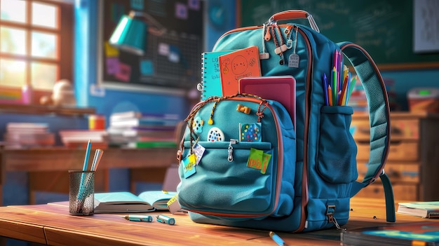 Sac à plume avec des fournitures scolaires