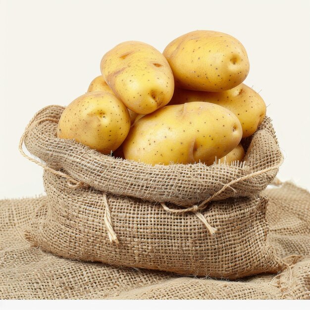 Un sac de pommes de terre est assis sur un fond blanc