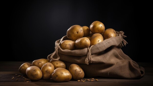 Sac de pommes de terre sur un fond sombre Pommes de terre fraîches dans un vieux sac