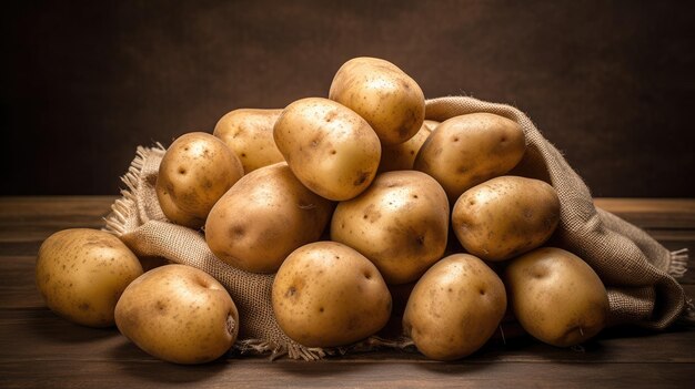 Sac de pommes de terre sur un fond sombre Pommes de terre fraîches dans un vieux sac