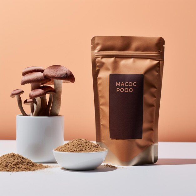 un sac de porridge est à côté d'une tasse de chocolat.