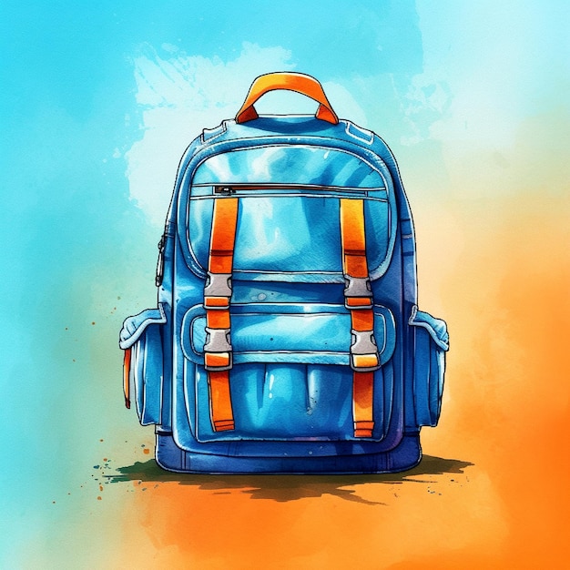 Sac pour la randonnée ou l'école des enfants portefeuille bleu illustration à l'aquarelle