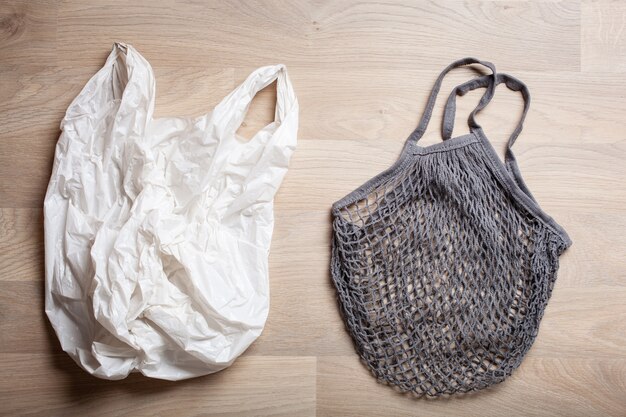 Sac à provisions en coton maillé en plastique et réutilisable, concept zéro déchet sans plastique