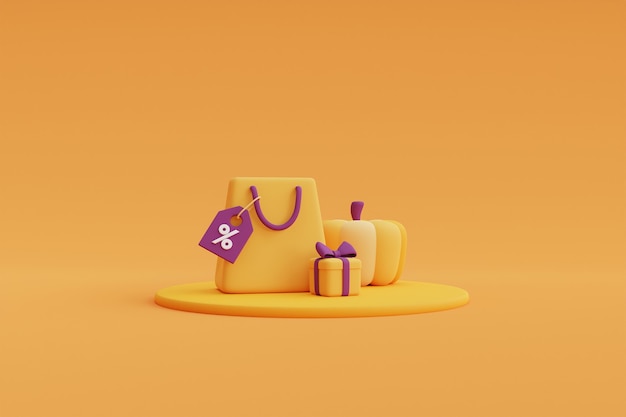 Sac à provisions et décorations d'Halloween sur fond jaune pour la célébration Halloween vente template.minimal concept.3d render.