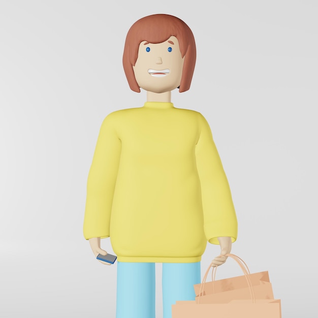 Sac à provisions fille personnage 3D sur fond blanc rendu 3D femme aux cheveux bruns avec shopper dans le centre commercial boutique de mode