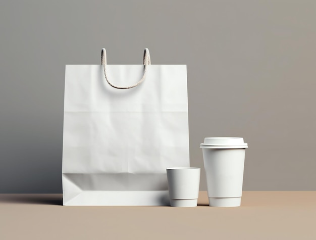 Photo sac à provisions en papier blanc et tasse à café