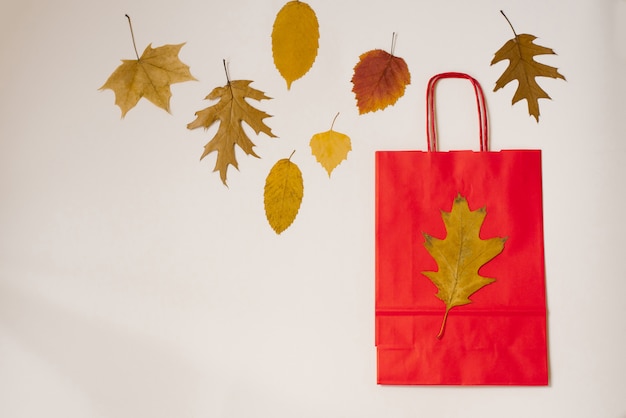 Sac à provisions en papier rouge avec des feuilles d'automne