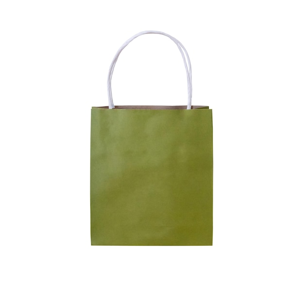 Sac à provisions en papier vert isolé sur fond blanc avec un tracé de détourage