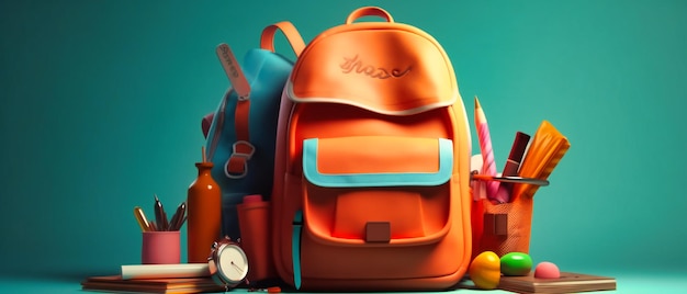 Sac de retour à l'école avec sac à dos rempli de fournitures scolaires