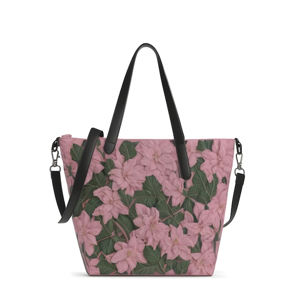 Un sac rose avec une sangle noire et un motif floral dessus