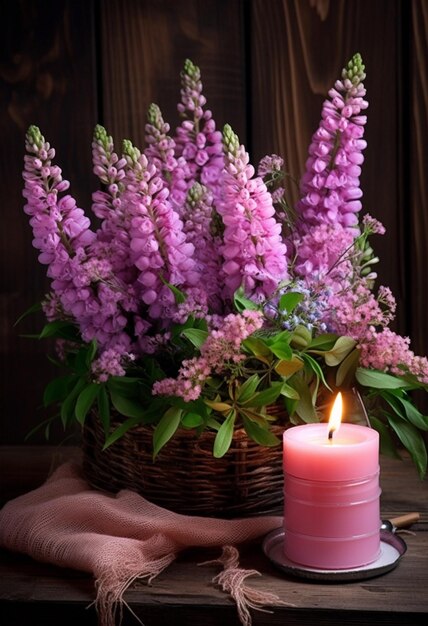 Sac rustique avec des fleurs violettes sur fond de bois