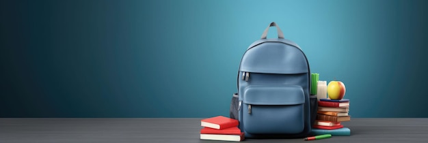 sac scolaire bleu avec des livres et des accessoires scolaires fond généré par l'IA