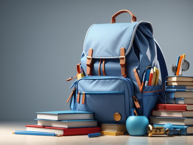 Sac scolaire bleu avec livres et accessoires scolaires